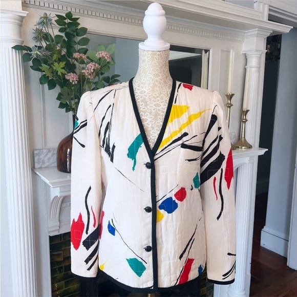 VINTAGE LEVINO VERNA 100% Silk White & Multi Color Abstract Print‎ Jacket Size 4 - Picture 11 of 16